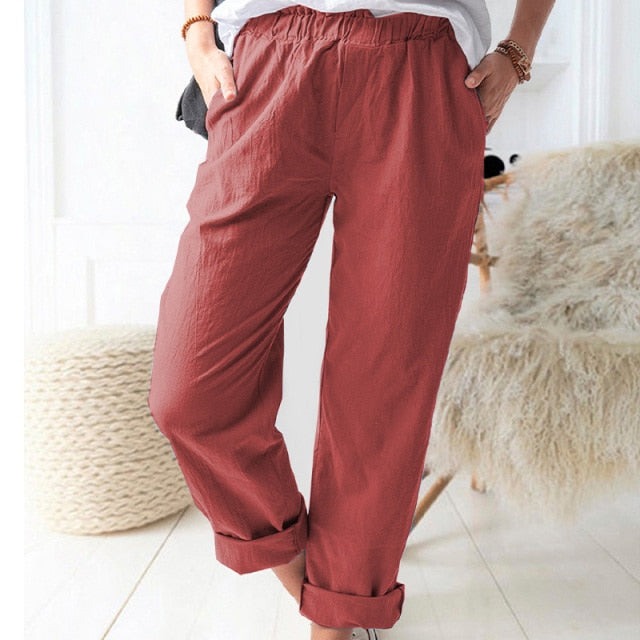 Cotton Linen Big Pocket Thin Women's Pants Solid Elastic Waist