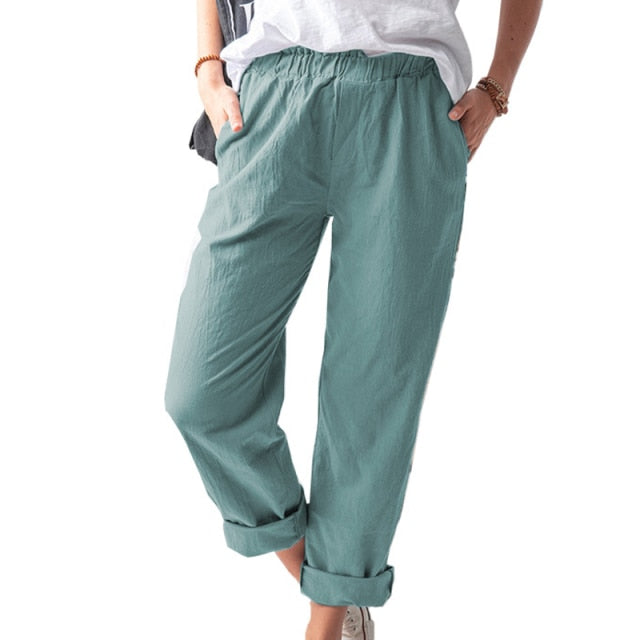 Cotton Linen Big Pocket Thin Women's Pants Solid Elastic Waist