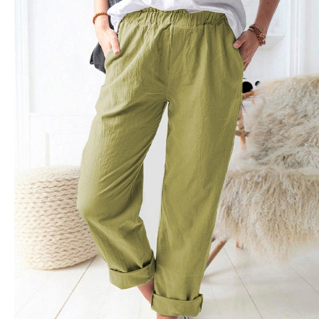 Cotton Linen Big Pocket Thin Women's Pants Solid Elastic Waist