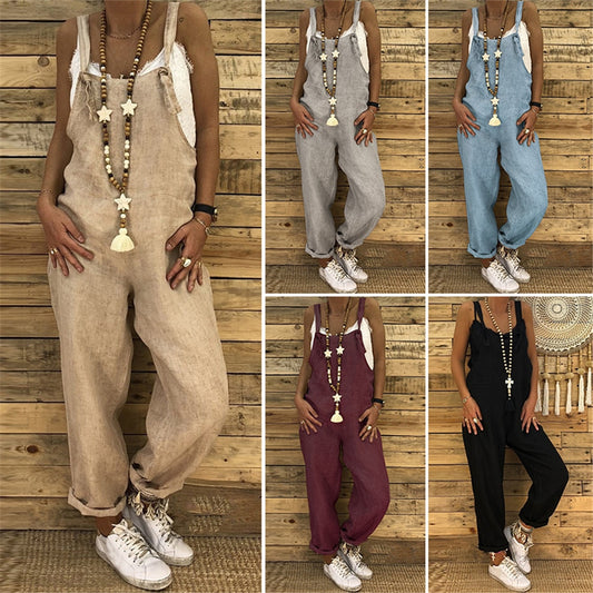 Women Casual Jumpsuits Vintage Solid Rompers