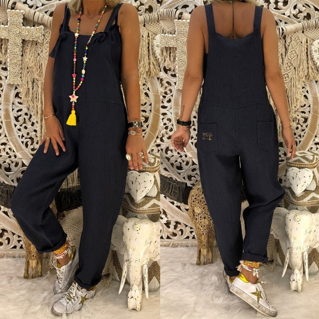 Women Casual Jumpsuits Vintage Solid Rompers