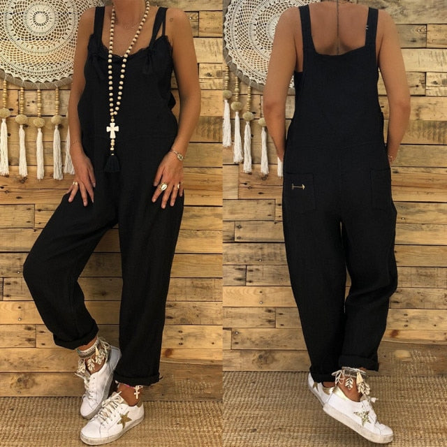 Women Casual Jumpsuits Vintage Solid Rompers