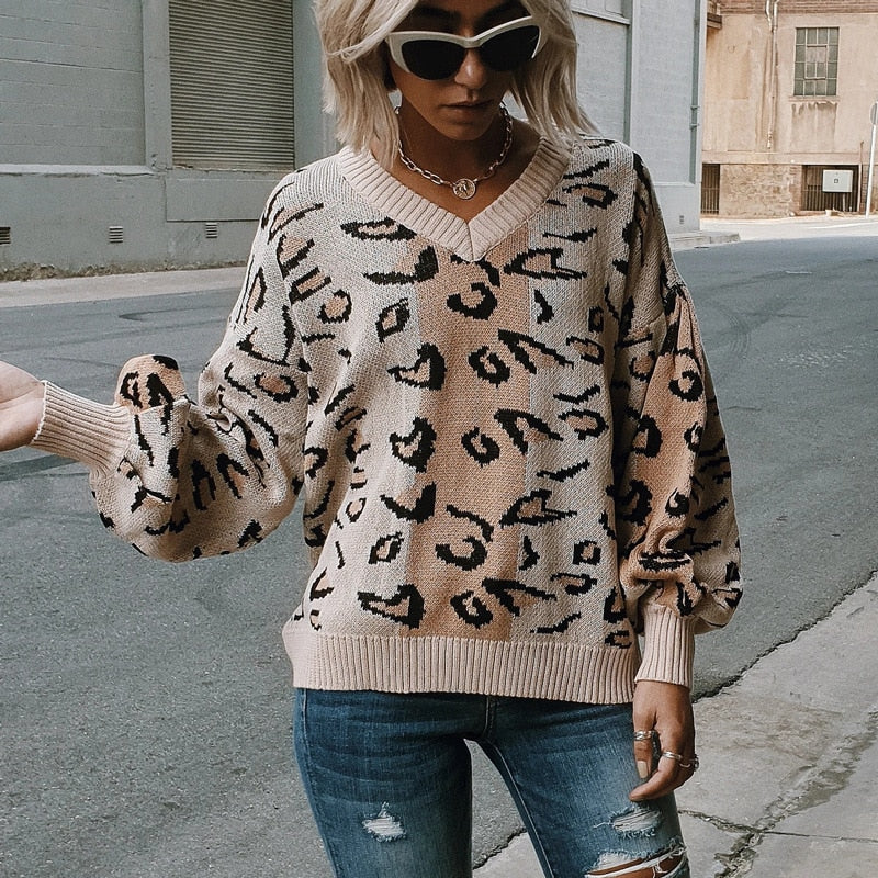 Autumn leopard print jacquard knit casual sweater