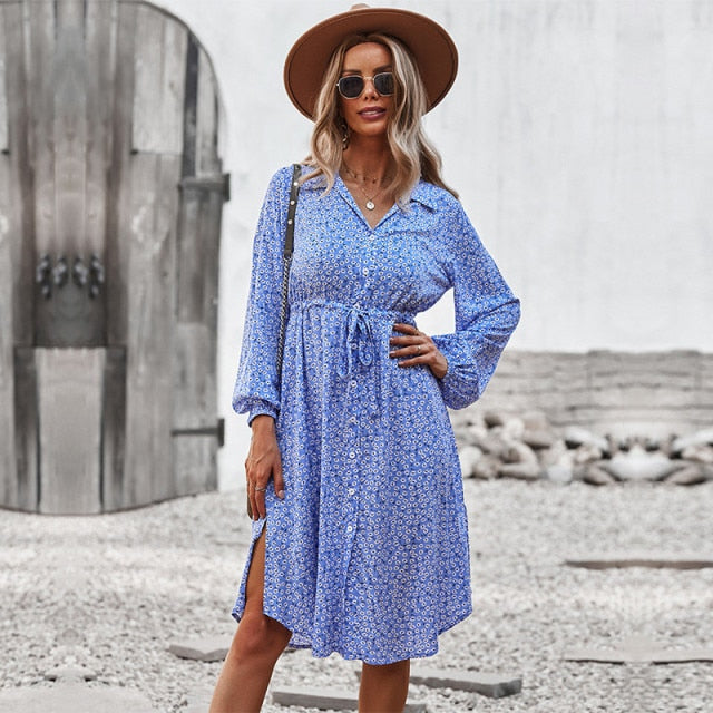 Casual Short Sleeve Button Floral Print Dress