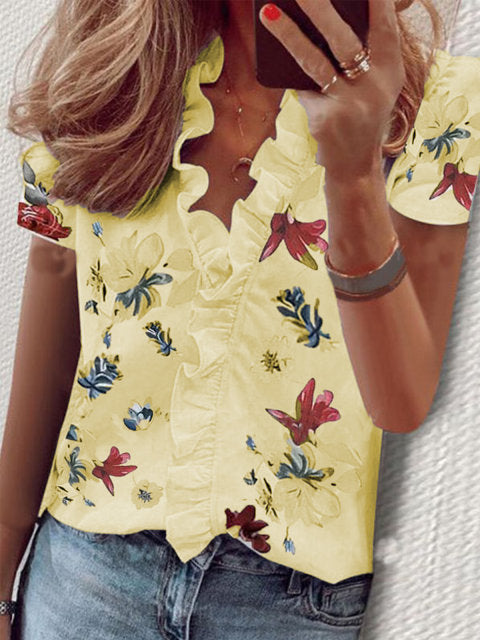 Elegant Boho Floral Print Slim Shirt