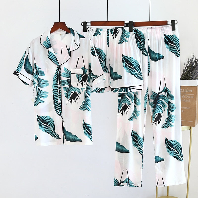 Spring And Summer Pajamas Three-piece Short Sleeve + Shorts + Trousers