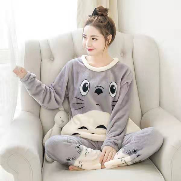 Autumn Winter Warm Flannel Women Pyjamas Sets Thick Coral Velvet Long Sleeve Cartoon Sleepwear Thin Flannel Pajamas Set