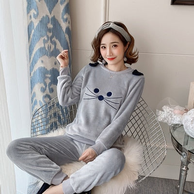 Autumn Winter Warm Flannel Women Pyjamas Sets Thick Coral Velvet Long Sleeve Cartoon Sleepwear Thin Flannel Pajamas Set