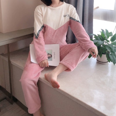 Autumn Winter Warm Flannel Women Pyjamas Sets Thick Coral Velvet Long Sleeve Cartoon Sleepwear Thin Flannel Pajamas Set