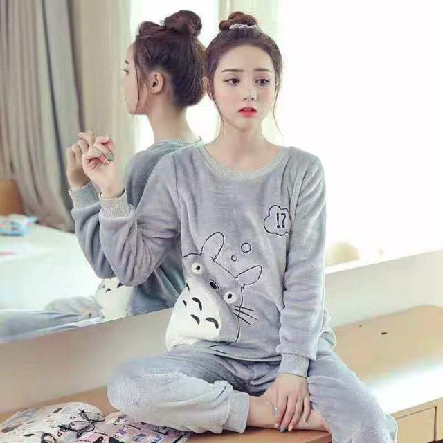 Autumn Winter Warm Flannel Women Pyjamas Sets Thick Coral Velvet Long Sleeve Cartoon Sleepwear Thin Flannel Pajamas Set