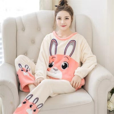 Autumn Winter Warm Flannel Women Pyjamas Sets Thick Coral Velvet Long Sleeve Cartoon Sleepwear Thin Flannel Pajamas Set