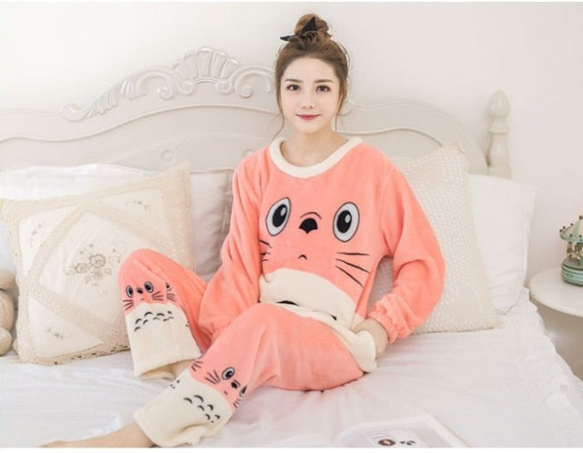 Autumn Winter Warm Flannel Women Pyjamas Sets Thick Coral Velvet Long Sleeve Cartoon Sleepwear Thin Flannel Pajamas Set