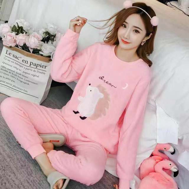 Autumn Winter Warm Flannel Women Pyjamas Sets Thick Coral Velvet Long Sleeve Cartoon Sleepwear Thin Flannel Pajamas Set