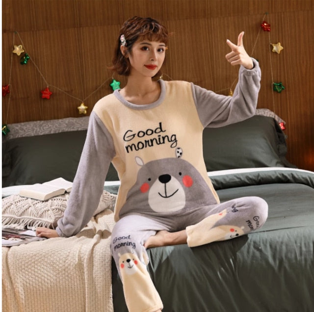 Autumn Winter Warm Flannel Women Pyjamas Sets Thick Coral Velvet Long Sleeve Cartoon Sleepwear Thin Flannel Pajamas Set