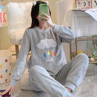 Autumn Winter Warm Flannel Women Pyjamas Sets Thick Coral Velvet Long Sleeve Cartoon Sleepwear Thin Flannel Pajamas Set